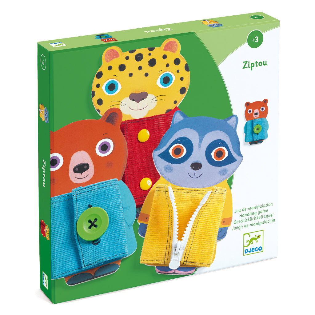 the front of the box featuring three animals with jackets that zip and button