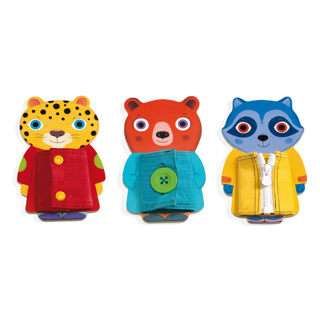 the three animals with jackets that zip, button, and snap