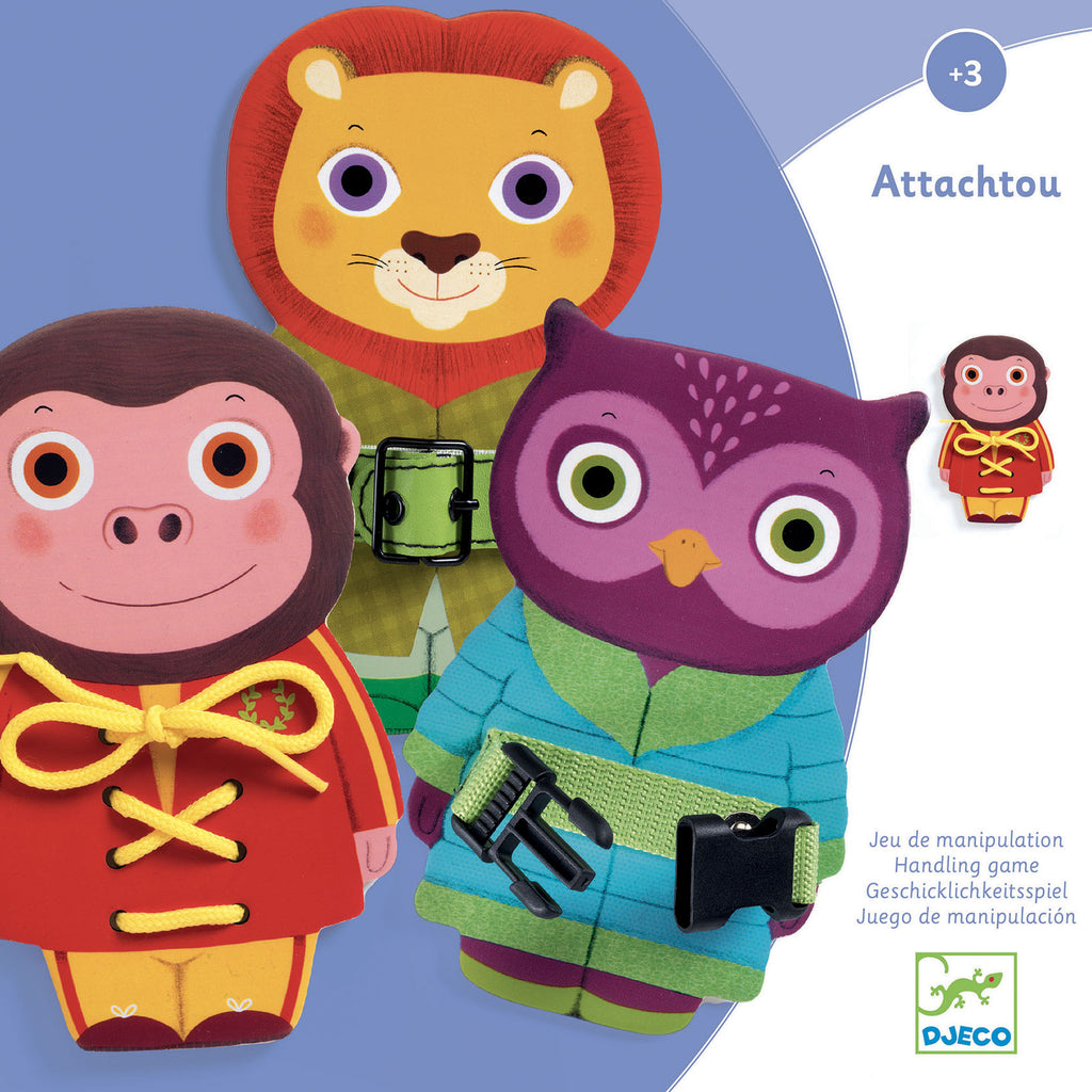 the box cover with three animals with jackets that can be tied, clipped, and buckled