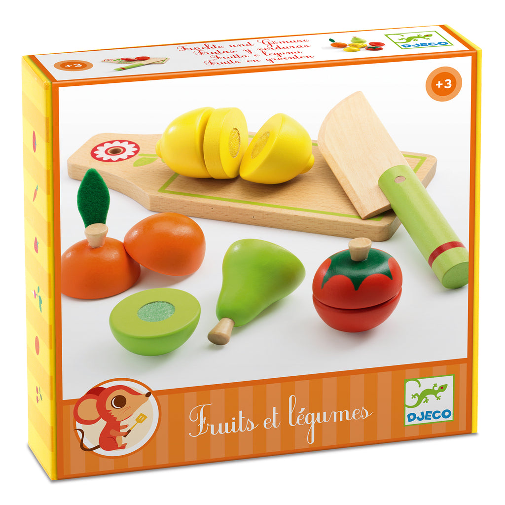 The box cover showing wooden fruits, vegetables, cutting board, and wooden toy knife