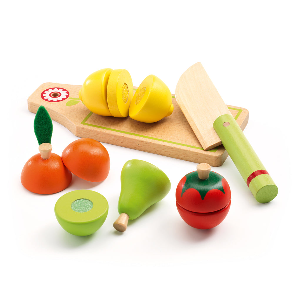 Wooden fruits, vegetables, cutting board, and wooden toy knife