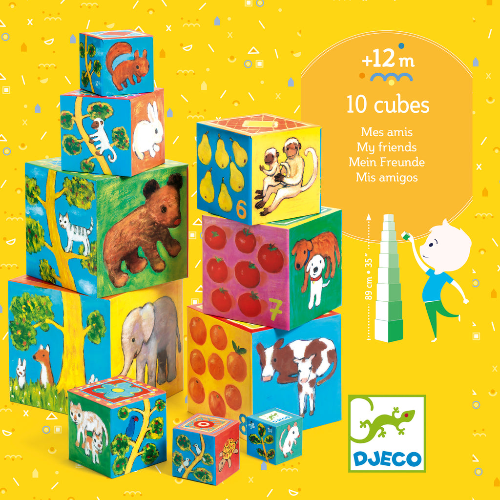 various cubes showing handdrawn animals and vegetables