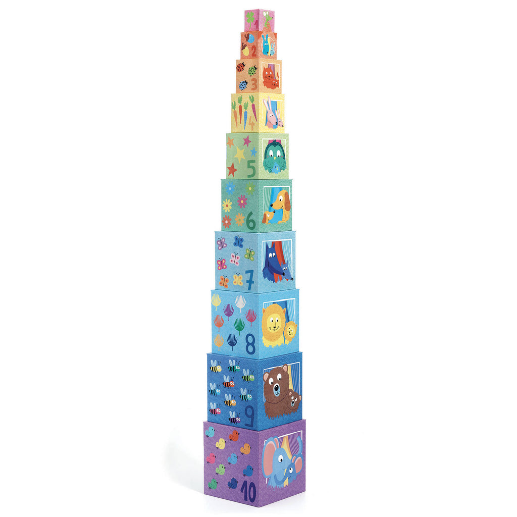 the stack of 10 blocks featuring colorful illustrations of animals, numbers, bugs, and flowers