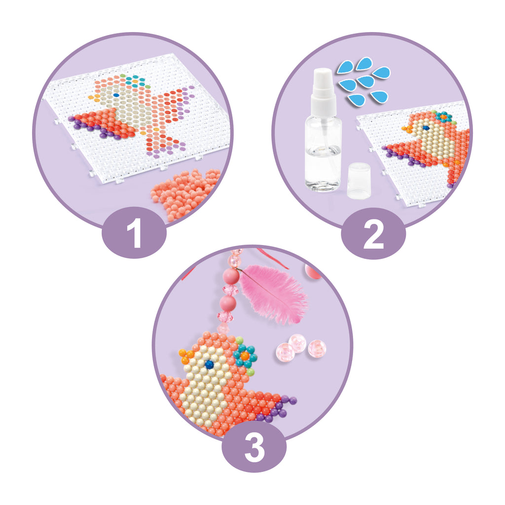 step by step visual instructions showing beads being applied to a pattern, spraying the pattern with water, and adding accessories to the animal charm