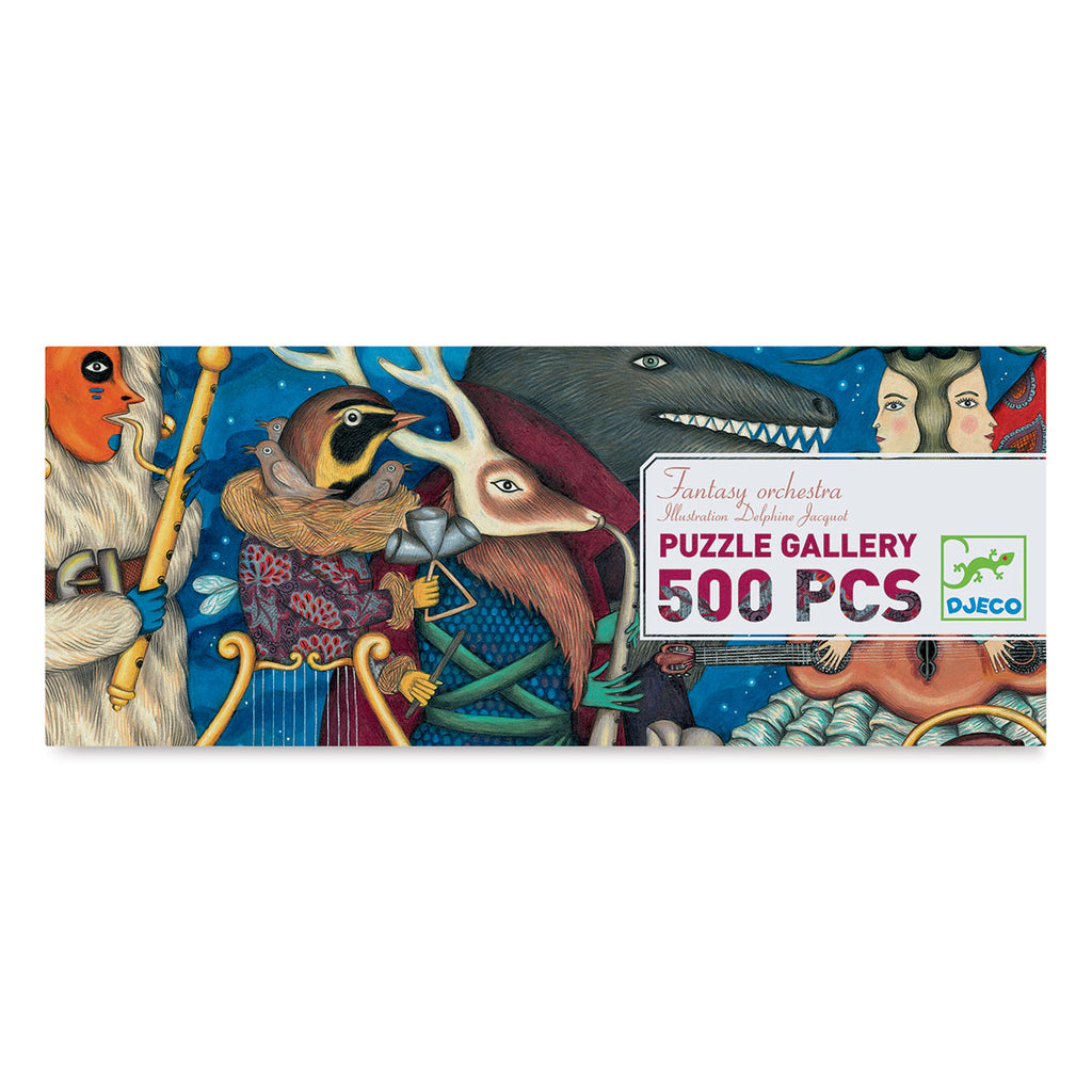 The box cover of the puzzle showing a variety of fantasy animals with instruments