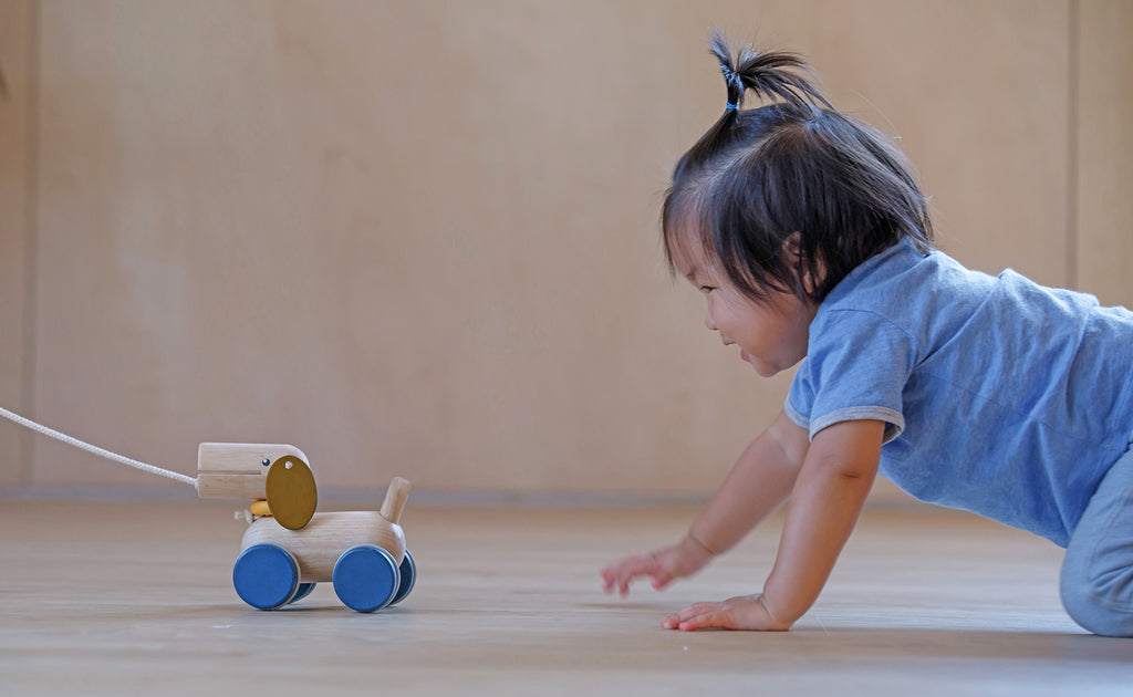 a baby crawling after the wooden puppy being pulled
