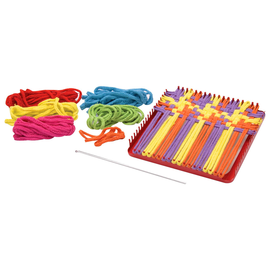 the loom with different colored cotton loops