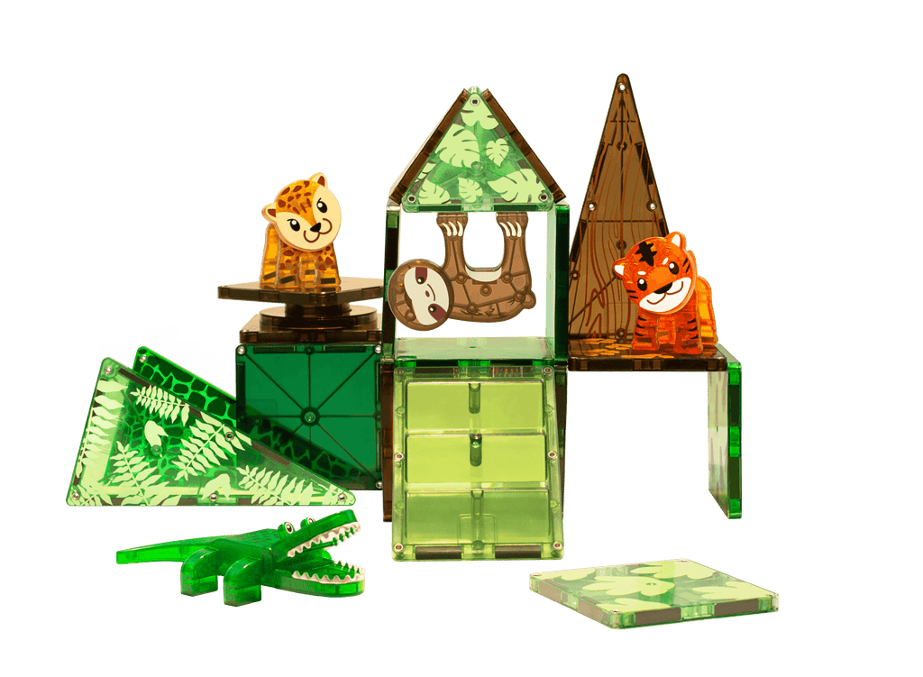 a set up with green and brown magna-tile pieces and jungle animal figures