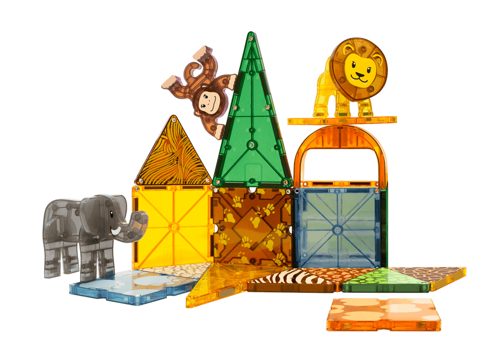 a set up with animal themed magnatiles with a lion, elephant, and monkey figures