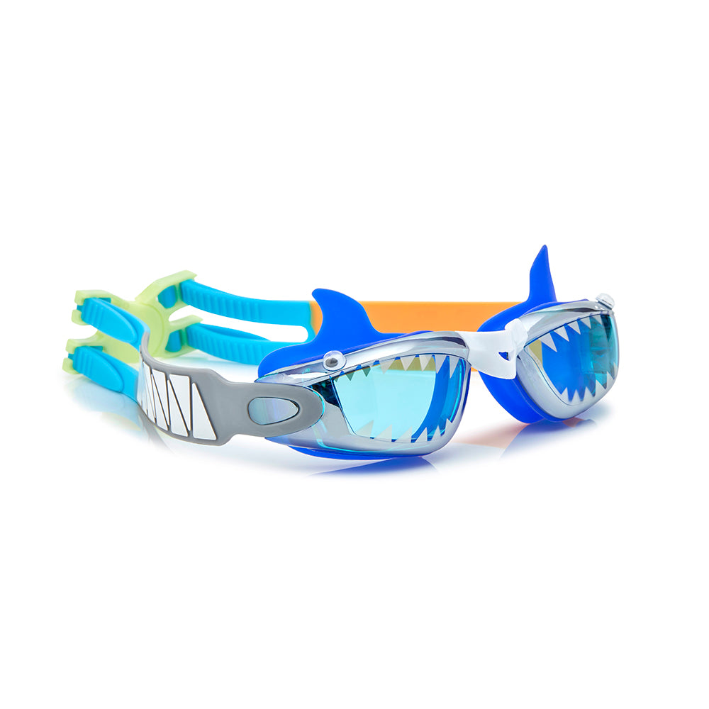 swim goggles with silver trim and blue shark fins