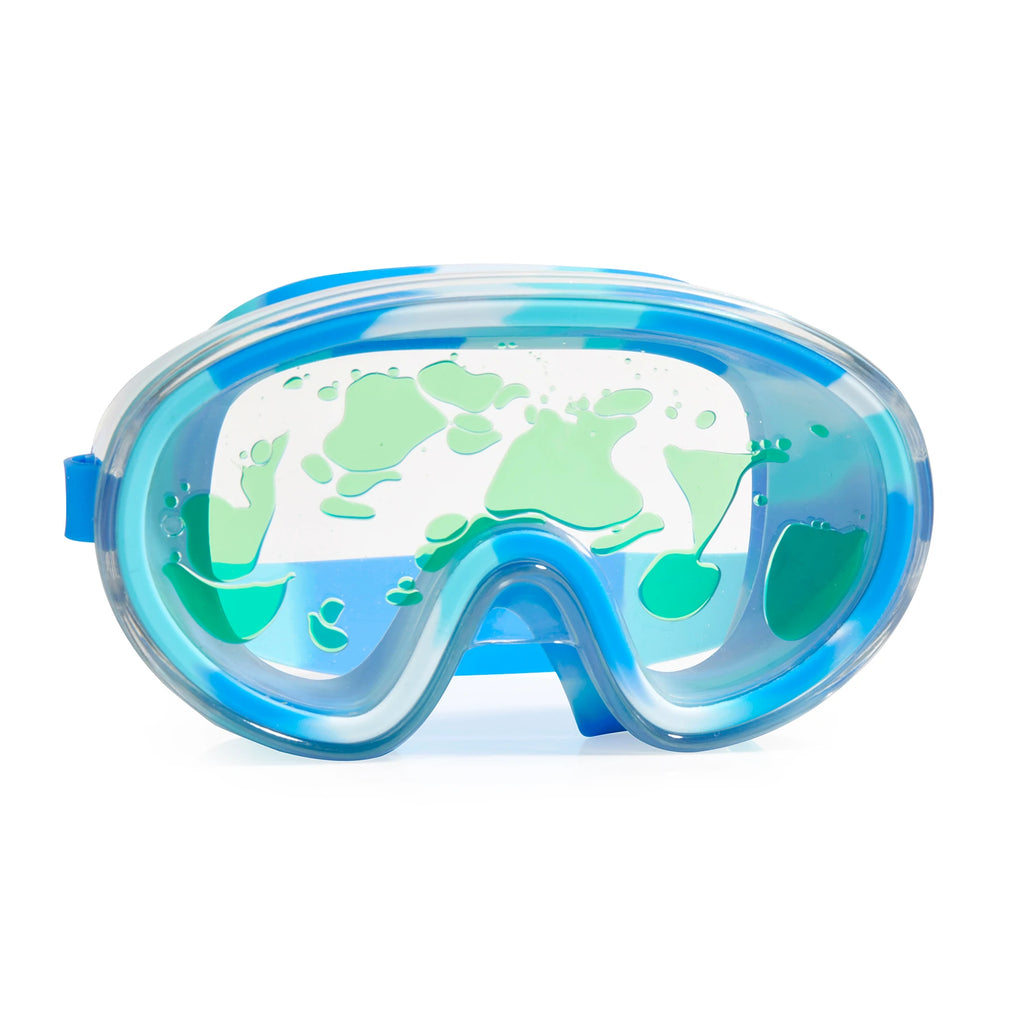 swim goggles with various shades of blue and green translucent blobs in the lens