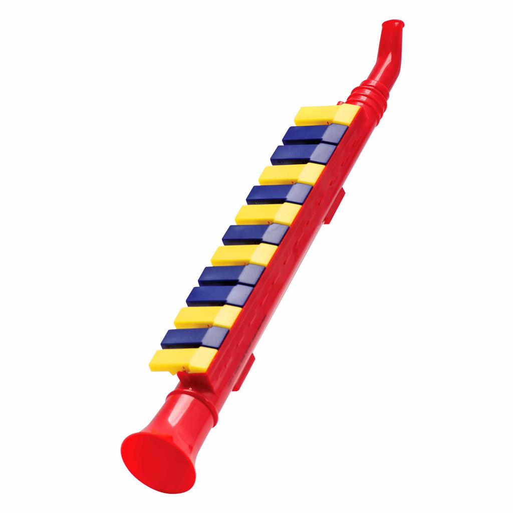 a red piano horn with yellow and blue keys