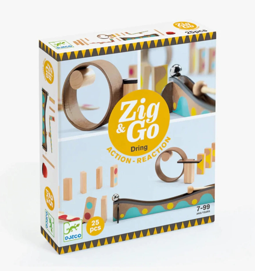The box cover showing various wooden blocks, dominos, tracks, and balls