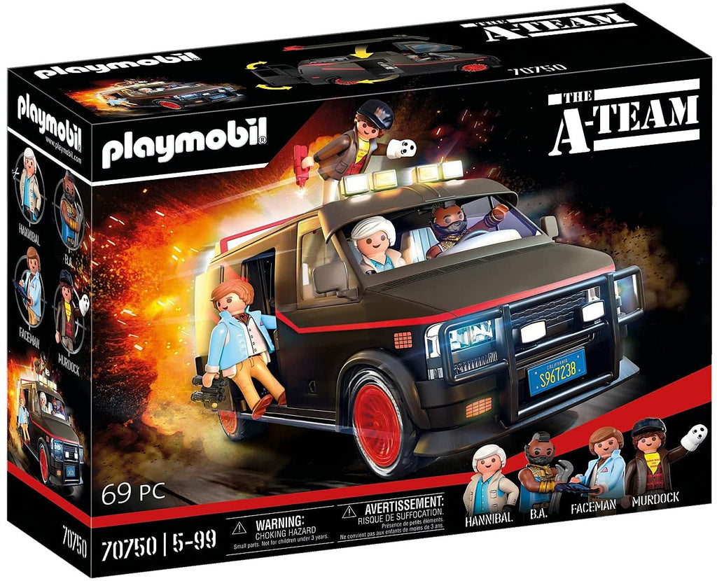 the box cover of the playmobil A-Team van with playmobil figures of hanibal, facek murdock, and BA Barracus, 