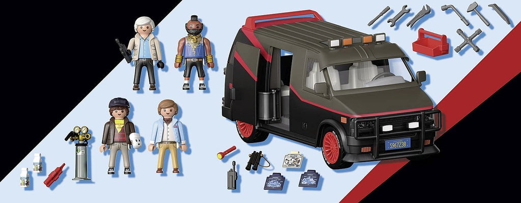 the van comes with playmobil figures of the a-team, tools, the van, and accessories