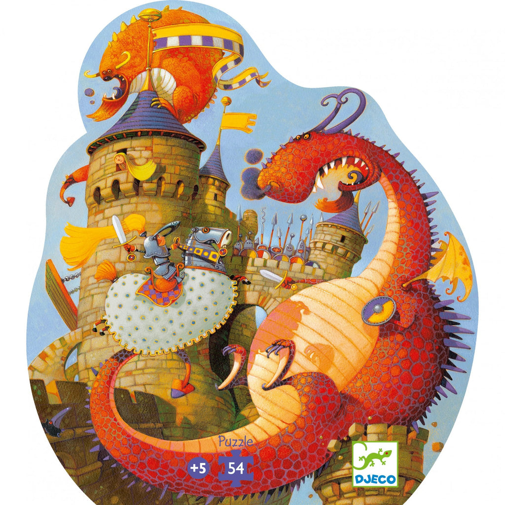 the box cover showing a dragon and a knight on a horse in front of a castle