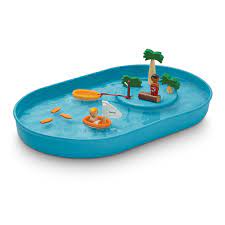 photo of blue rubber water play set with figures and palm trees