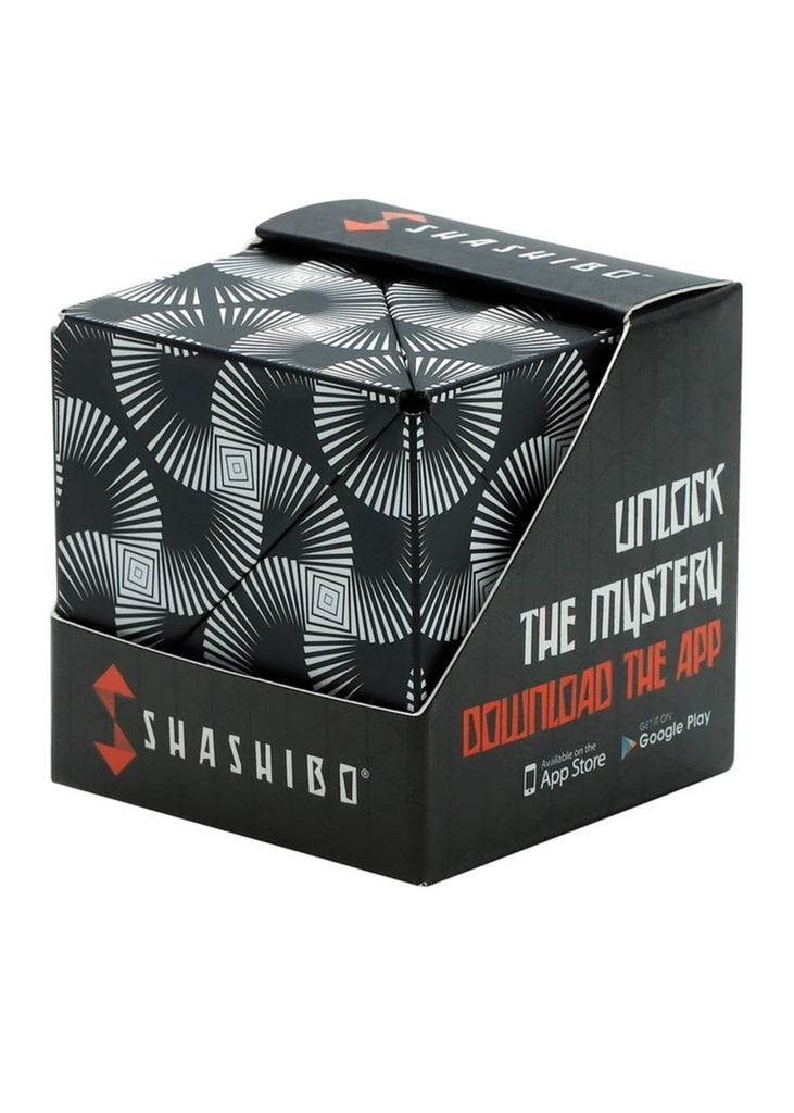 the black and white shashibo cube in its package