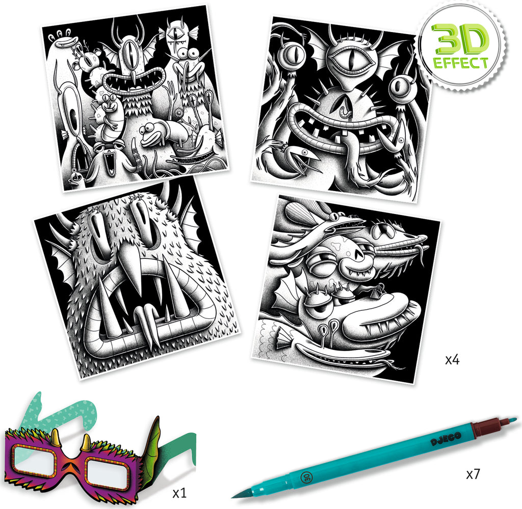 four black and white illustrations of monsters, a felt tip marker, and 3d glasses