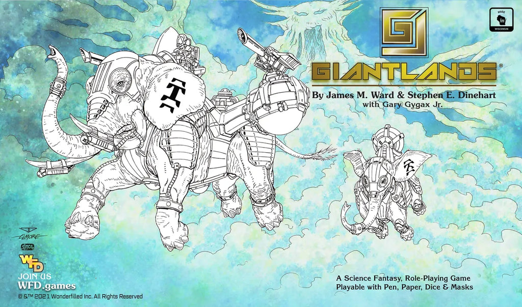 artwork showing futuristic elephants decked out with weapons and technology being piloted by soldiers as they fly through the air