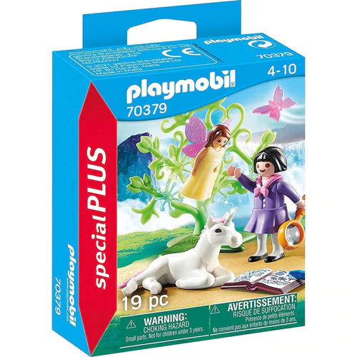 a playmobil unicorn, tree, fairy, and girl with a book and magnifying glass