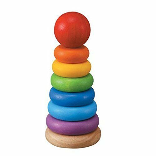 photo of rainbow colored wooden stacking rings