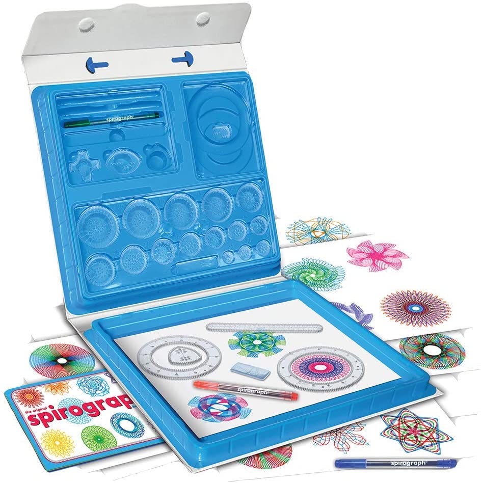 the spirograph set with gears, drawing pens, gears, and storage case