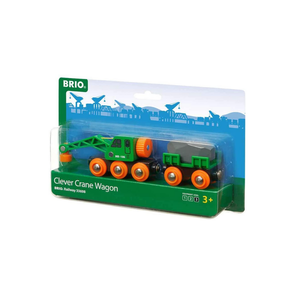 the package showing a green crane train with a flatbed car holding a boulder